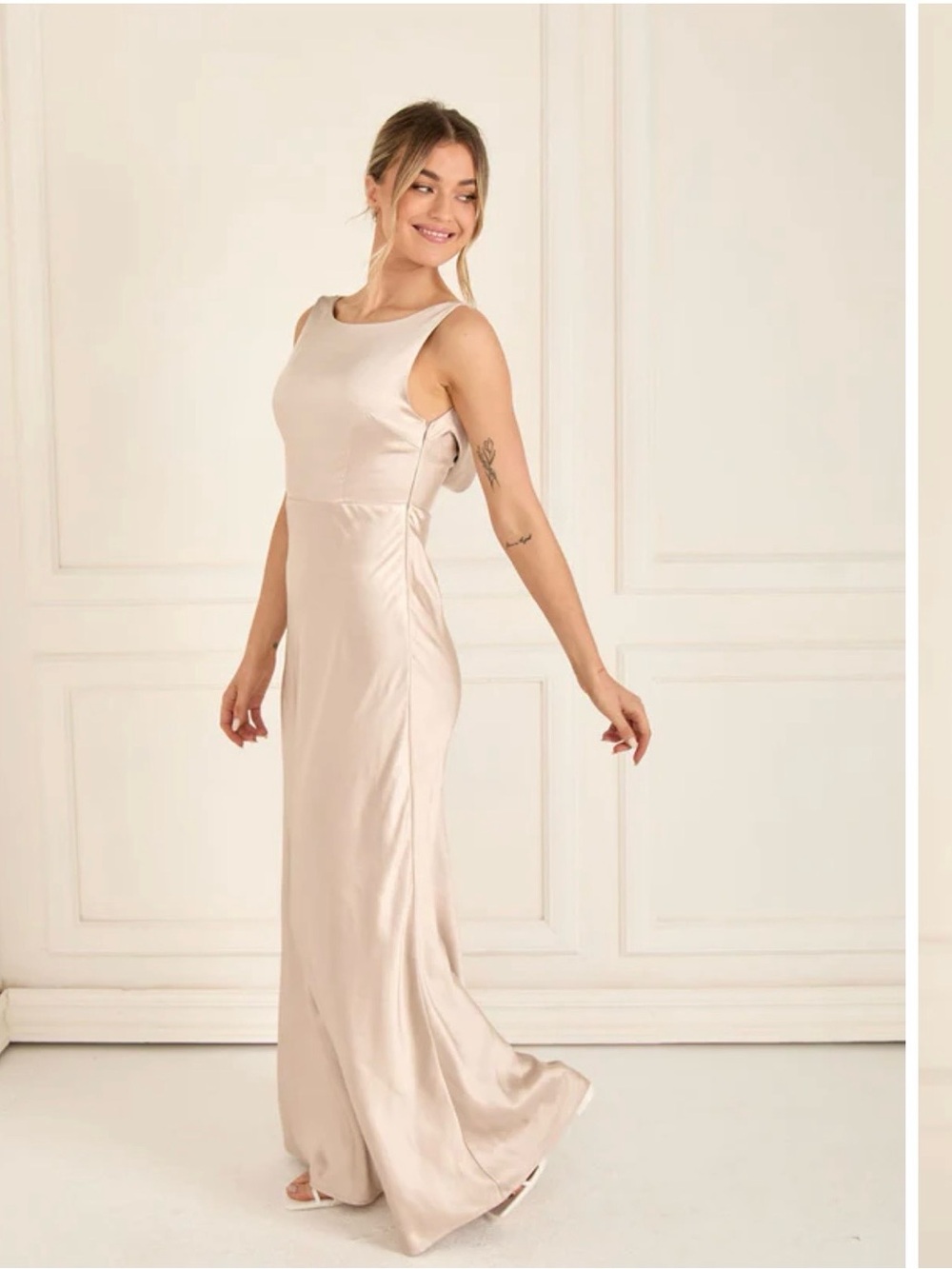 Six Stories JANE Cowl Back Satin Bridesmaid Dress - Oyster